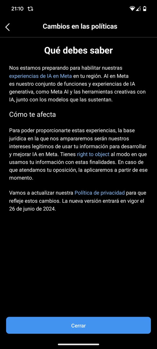 ‼️ARTISTAS QUE USAIS INSTAGRAM,  MUY IMPORTANTE ‼️
A partir del 26 de junio Instagram piensa usar vuestra información y datos para alimentar su IA de Meta. Esto incluye toda imagen, texto o vídeo. Para impedir esto, cuando os salga este aviso dadle a "right to object":