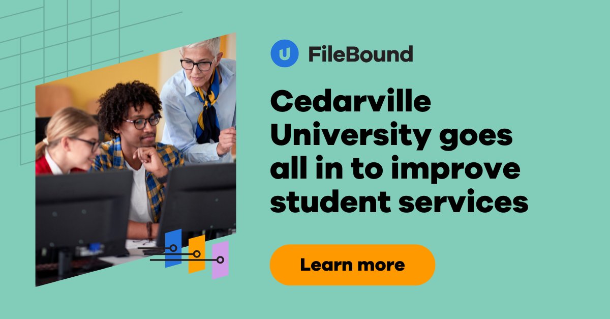 FileBound's tweet image. Big brain energy over here! Cedarville University embraced electronic forms to give students anytime access to submit information, improve service turnaround times, and give staff a productivity boost: bit.ly/36Empzi #edtech #eforms #digitaltransformation