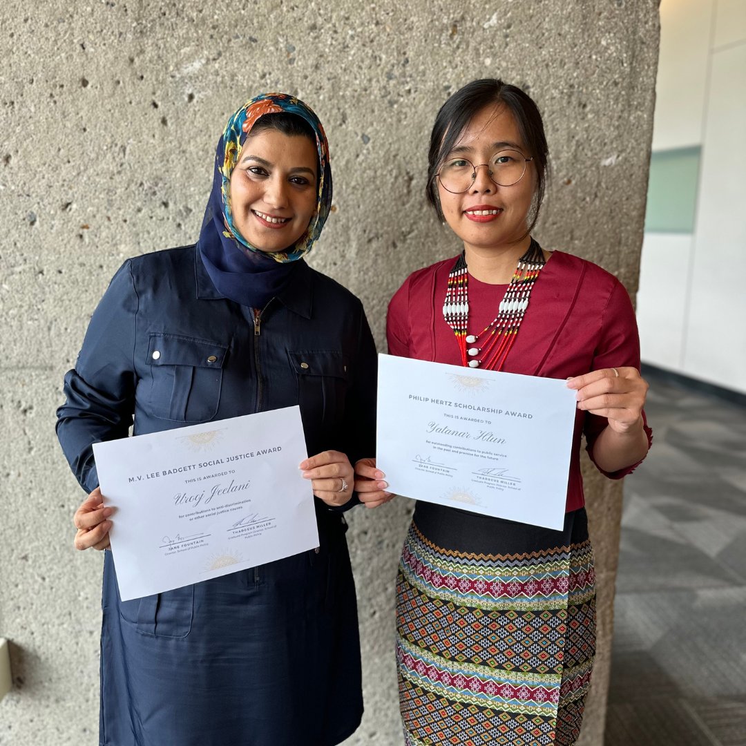 UMassPolicy's tweet photo. 🎓✨ Last week we celebrated our 2024 SPP graduates. Special shout out to the recipients of the M.V. Lee Badgett Social Justice Award, Urooj Jeelani and Matt Sorrels, and the Philip Hertz Scholarship, Caitlyn Egan and Yatanar Htun!

#UMass #UMassSPP #SPPGraduation #ClassOf2024 https://t.co/TdZTUQNAwb