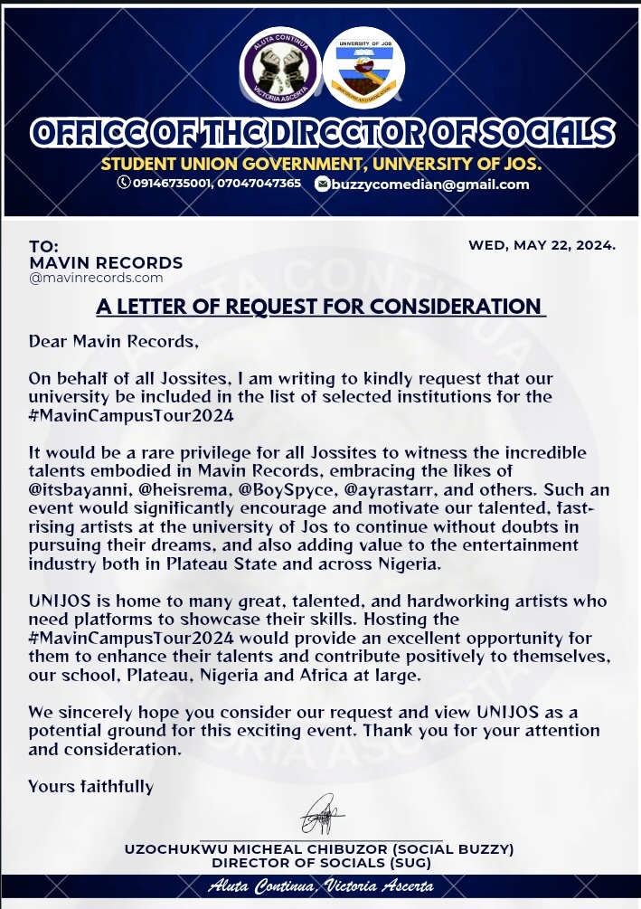 Dear <a href="/MavinRecords/">MAVIN</a> <a href="/DONJAZZY/">SUPREMOS 🤍🐘</a> 

A LETTER OF REQUEST FOR CONSIDERATION FOR THE MAVINS CAMPUS TOUR