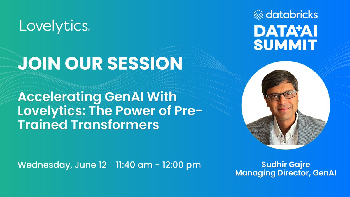Lovelytics (@lovelyticsdata) on Twitter photo It's an hour away! Don't miss our <a href="/databricks/">Databricks</a> #DataAISummit session, "Accelerating GenAI with Lovelytics: The Power of Pre-Trained Transformers" & learn how organizations leverage pre-trained transformers on Databricks to fast-track business solutions & drive impactful results. It's an hour away! Don't miss our <a href="/databricks/">Databricks</a> #DataAISummit session, "Accelerating GenAI with Lovelytics: The Power of Pre-Trained Transformers" & learn how organizations leverage pre-trained transformers on Databricks to fast-track business solutions & drive impactful results.