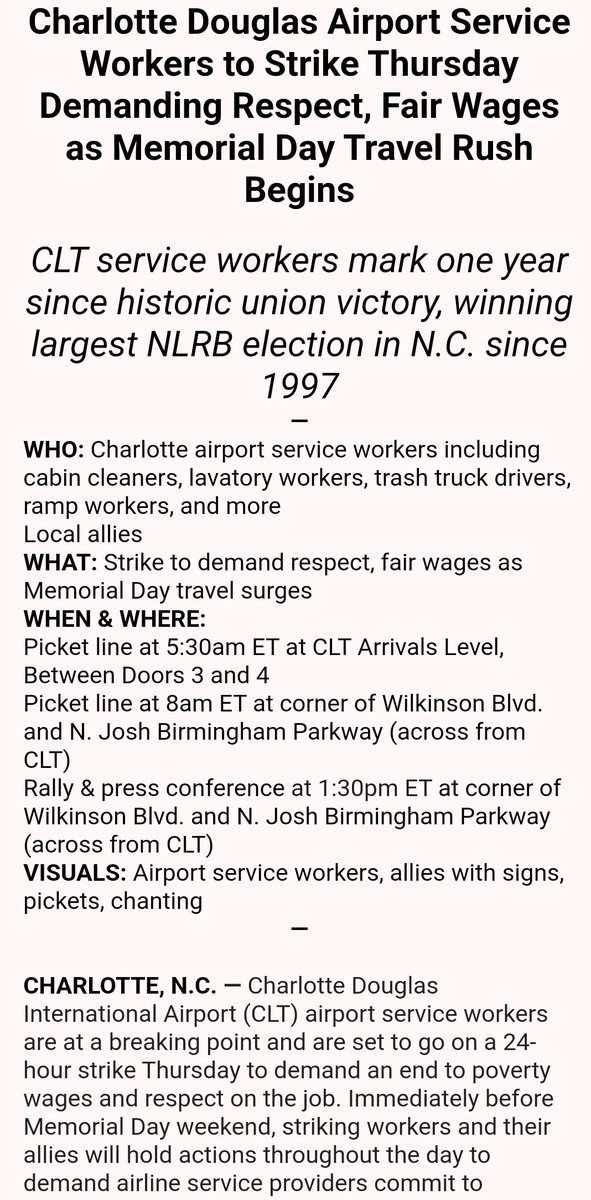 Airport service workers are striking tomorrow in Charlotte, North Carolina in demand of fair wages as the airport is set to get billions of dollars to expand the airport