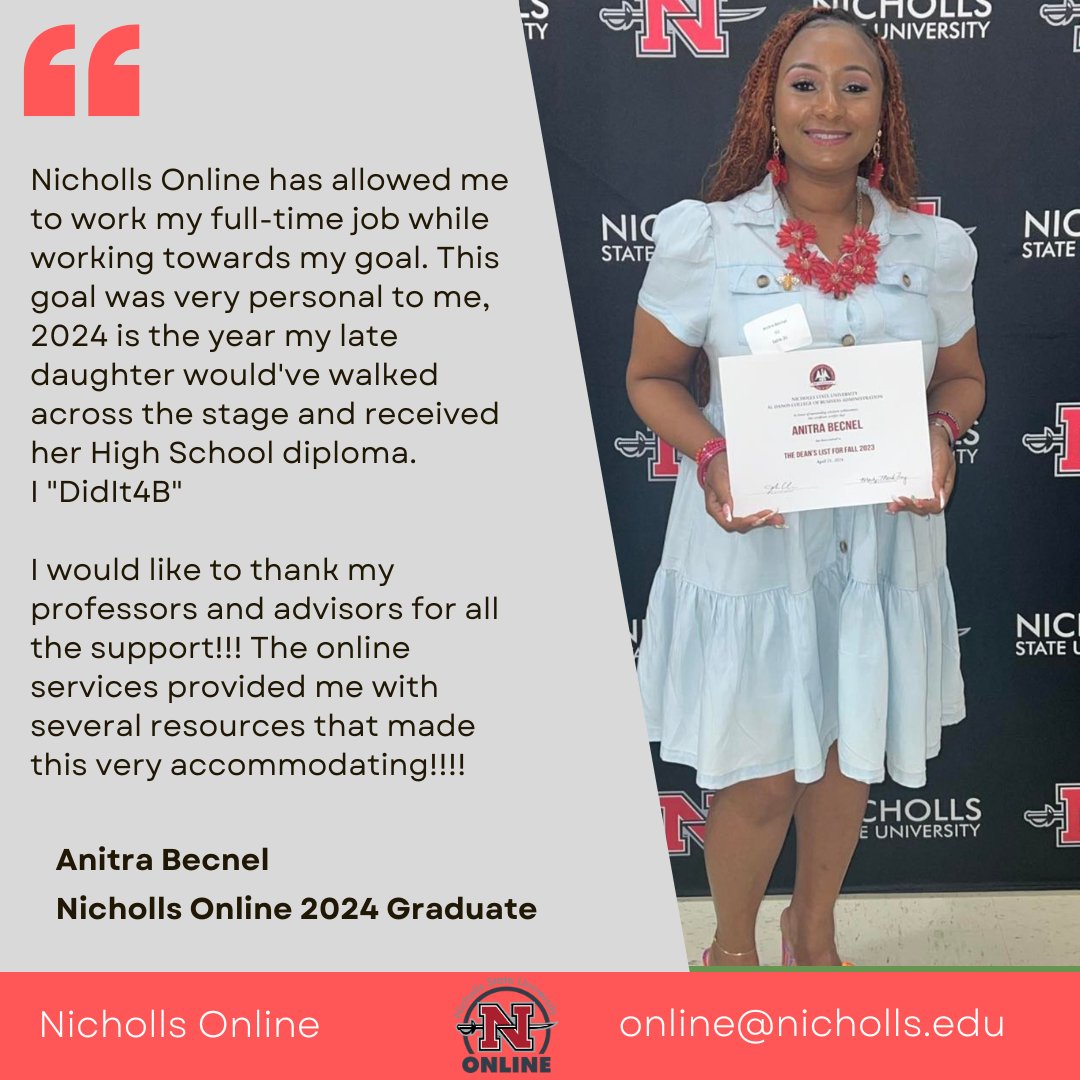 Please join Nicholls Online in congratulating some of our Spring 2024 graduates. Good job on all of the hard work that you have done. 

#colonelpride  #college #collegegrad #graduation #Graduation2024 #distancelearning