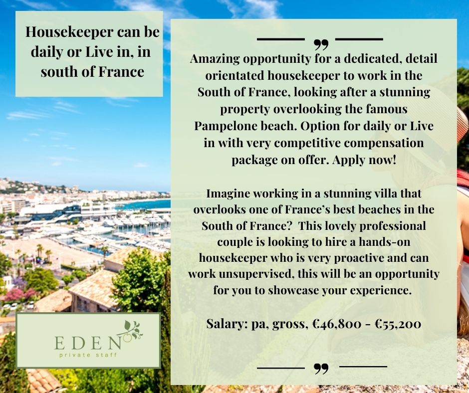 Housekeeper can be daily or Live in ( south of France)! edenprivatestaff.com/job/housekeepe… #housekeepingjobs #nannyagency #housekeepers