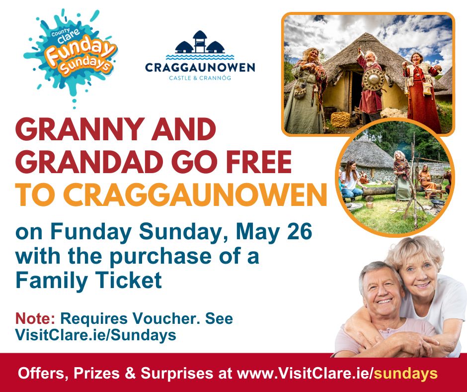 Granny & Grandad Go Free* this Sunday to Craggaunowen 💛💙 Discover the enchanting Craggaunowen, a serene hideaway that breathes life into the Celtic past with its authentic homesteads and rare animal breeds. For this & more offers visitclare.ie/Sundays/