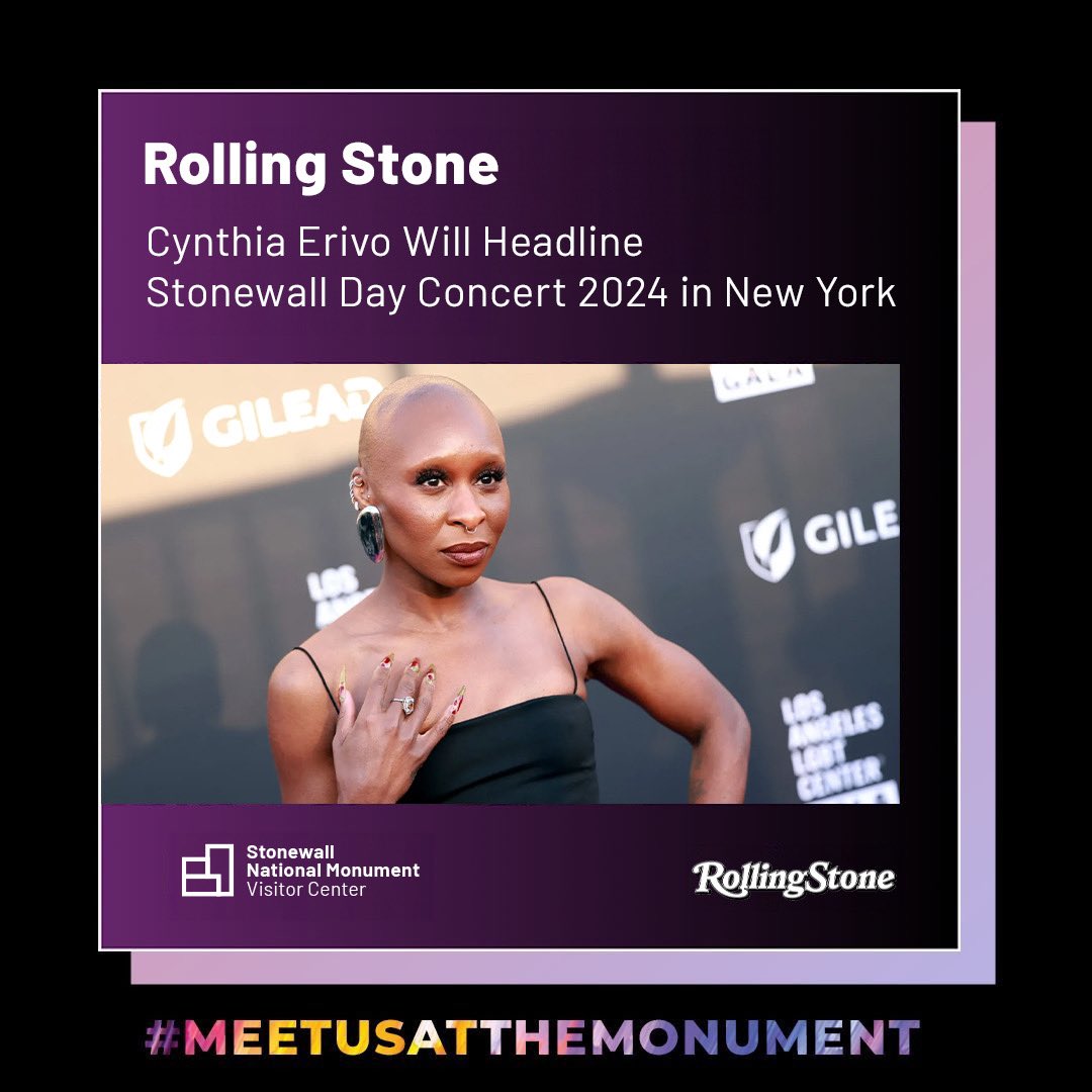 Pride Live (@realpridelive) on Twitter photo We're proud to announce Cynthia Erivo will be joining us on June 28 for #stonewallday2024 at <a href="/_HudsonYardsNYC/">Hudson Yards NYC</a> as the headlining performance! 🎶 Get your tickets today bit.ly/4bOshSG We're proud to announce Cynthia Erivo will be joining us on June 28 for #stonewallday2024 at <a href="/_HudsonYardsNYC/">Hudson Yards NYC</a> as the headlining performance! 🎶 Get your tickets today bit.ly/4bOshSG