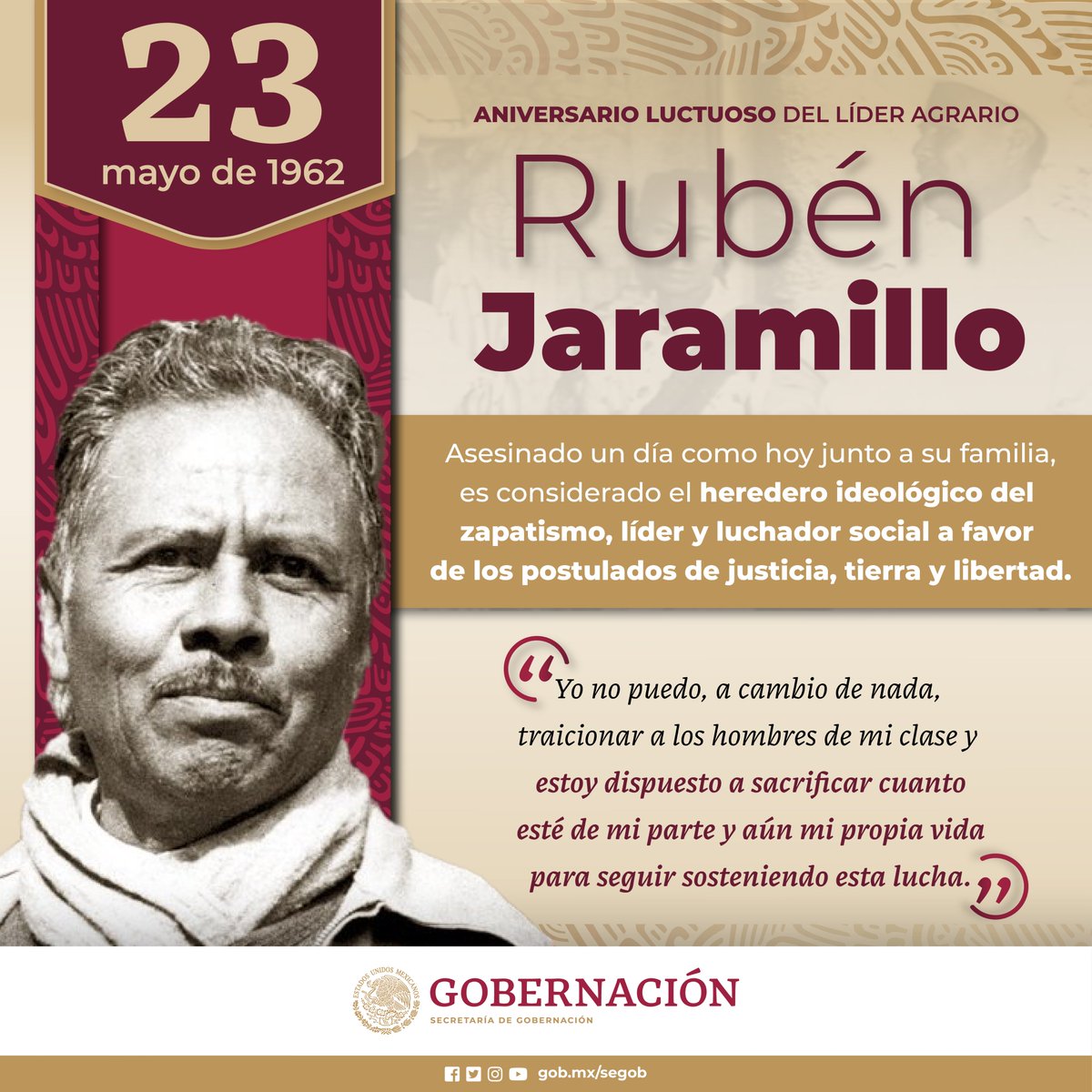 #SabíasQue el líder agrario Rubén Jaramillo perdió las elecciones por la gubernatura de Morelos de 1952, víctima de fraude, desencadenando una insurrección que se prolongó por dos décadas. Esta lucha culminó en su trágica muerte, junto con la de su familia.