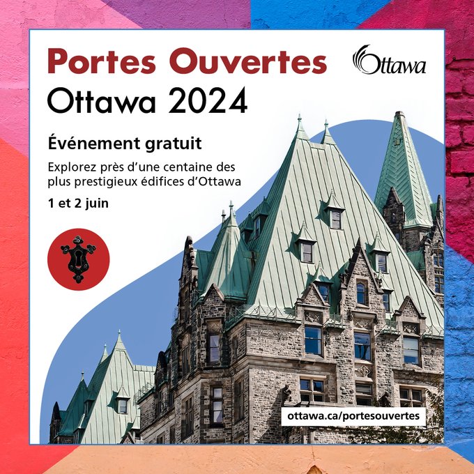Portes ouvertes Ottawa 2024 : Un événement gratuit qui vous permet d’explorer près d’une centaine des plus prestigieux édifices d’Ottawa le 1er et le 2 juin. Consultez ottawa.ca/portesouvertes pour en savoir plus.