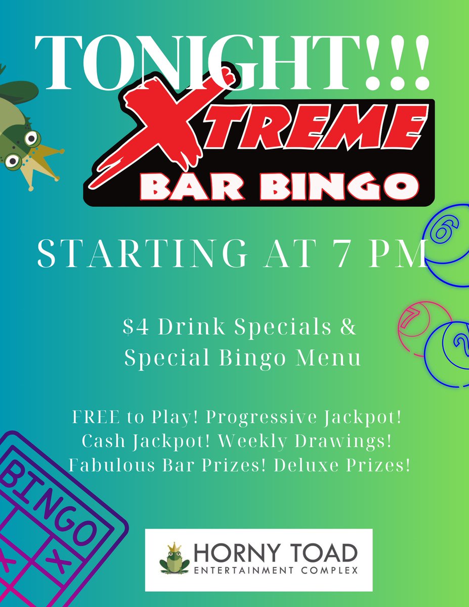 It's Bingo Night @HToads @CamdenontheLake

EVERY WEDNESDAY NIGHT! 

$4 Drink Specials! 

Special Bingo menu items start at $5.50!

Free to Play!  Come Join the Fun!! 

Checkout xtremebarbingo.com #bingo 

#bar #restaurant #lakefront #lakeoftheozarks
