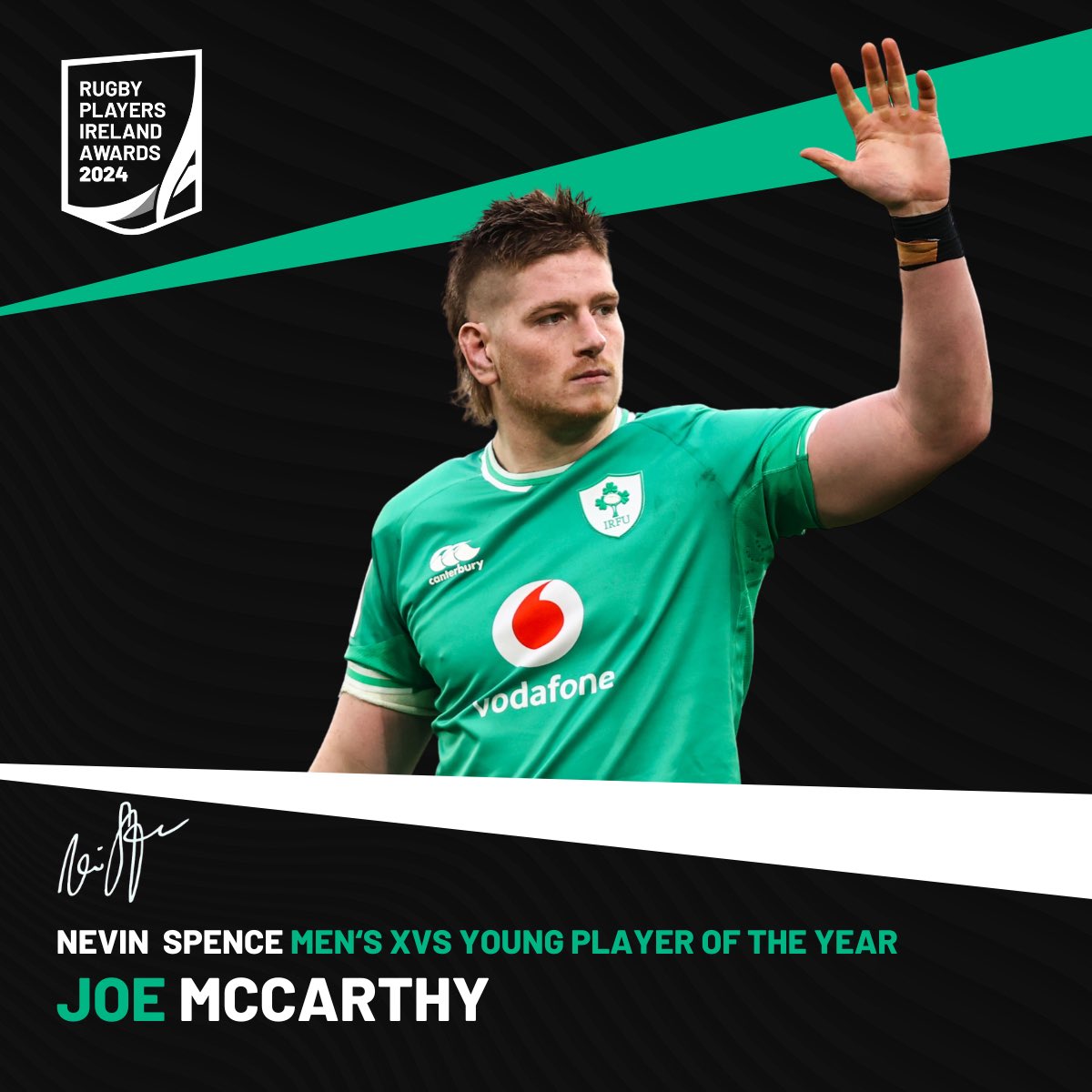 ⭐️ Joe McCarthy ⭐️ Big Joe has been a colossus for both @leinsterrugby & @IrishRugby this season. He becomes the latest talent to be awarded the Nevin Spence Men’s XVs Young Player of the Year 🏅 #MoreThanAPlayer #RugbyAwards24 #AlwaysWithUs