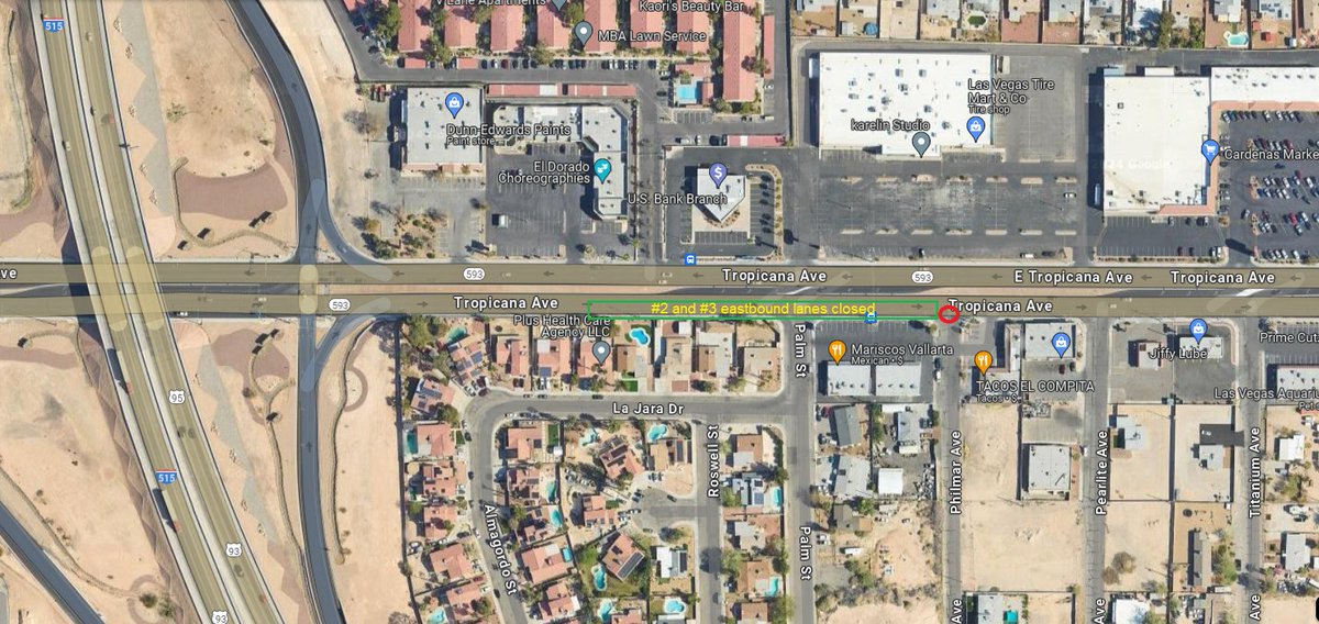 Plan ahead! 🚧 There will be emergency repair work for a partial manhole collapse on EB Tropicana Ave at Philmar Ave (about two blocks east of the I-515/US 95). EB Tropicana Ave will be reduced to one lane tomorrow, Thursday, May 23, between 7:00 a.m. and 7:00 p.m.