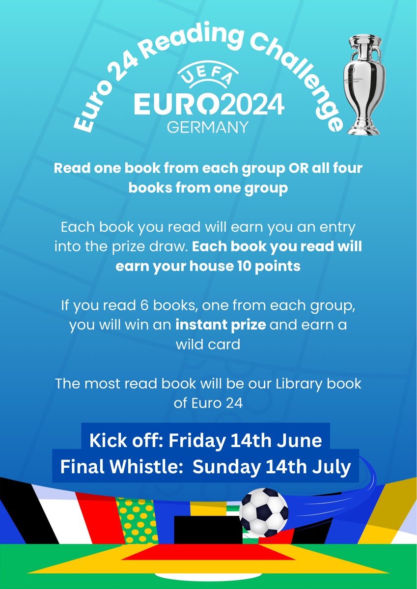 Great chance to promote sports books this summer - our Euro 24 Reading Challenge All books promoted are ready and available in the library. Involving the PE dept to help promote 👍 @Team_English1 @ThePiXLNetwork @OpenUni_RfP @SchoolReading @LiteracyNetwor1 @LauraCurranBun