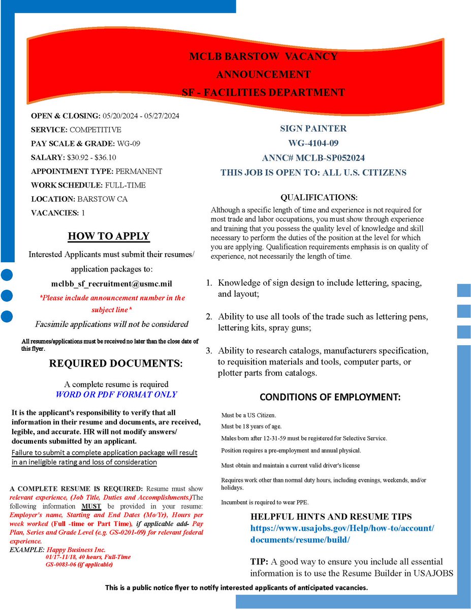 MCLB_Barstow's tweet image. We are hiring!  Come join an exceptional team at Marine Corps Logistics Base (SF – Facilities Department)
#hiring #signpainter #facilities #4104 #MCLBBARSTOW

linkedin.com/feed/update/ur…