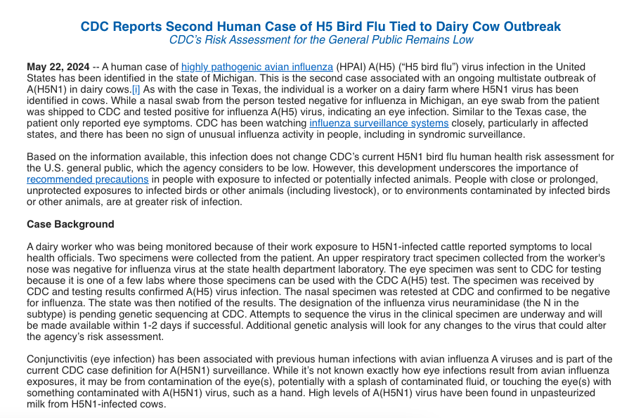 A second person who works on dairy farms has been diagnosed w/H5N1. A sample drawn from their irritated eye tested positive. A swab from their nose did not. A recent preprint found that human eye cells have receptors for the virus circulating...