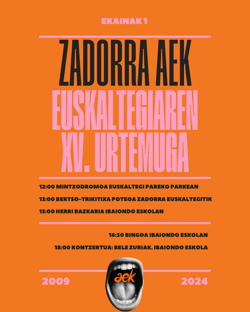 Badator Zadorra AEK euskaltegiaren 15. urtemuga 🎂 🎂🎂🔥🔥🔥
15 urte auzoa euskalduntzen ❤️‍🔥

15 bizipen
15 istorio
15 oroitzapen

Mila esker bidelagun guztiei 🙌🏾
Ekainaren 1ean elkar ikusiko dugu, egitarau ederra antolatu dugu 🫰🏾
#EuskaraHurbil