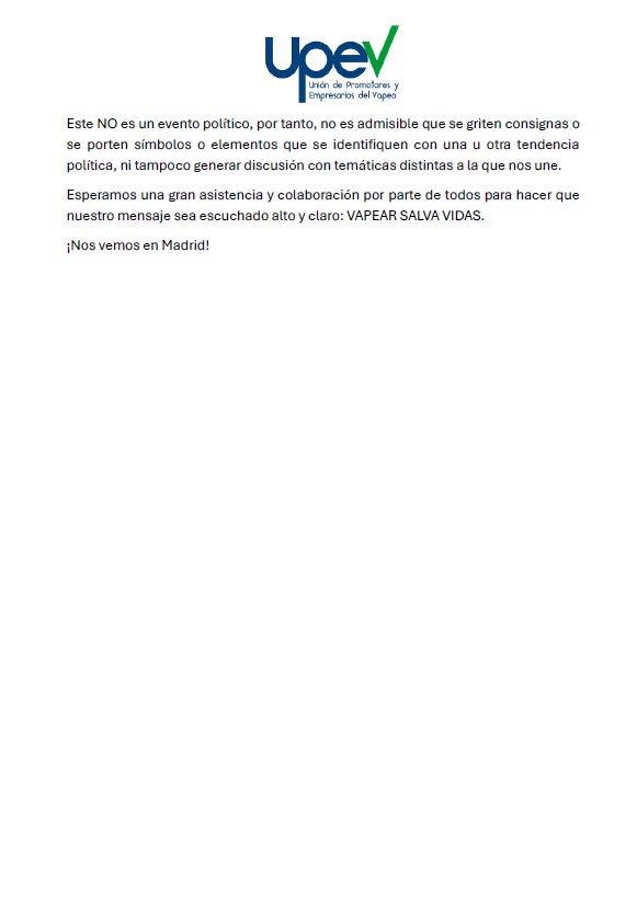 📢 Desde la UPEV convocamos a todo el sector del vapeo a la MANIFESTACIÓN contra de la equiparación del vapeo y el tabaco. Comercios, distribuidores, fabricantes y aquellos que defendeis el vapeo estáis llamados ante el Ministerio de Sanidad el 31 de MAYO a las 13:00 📢