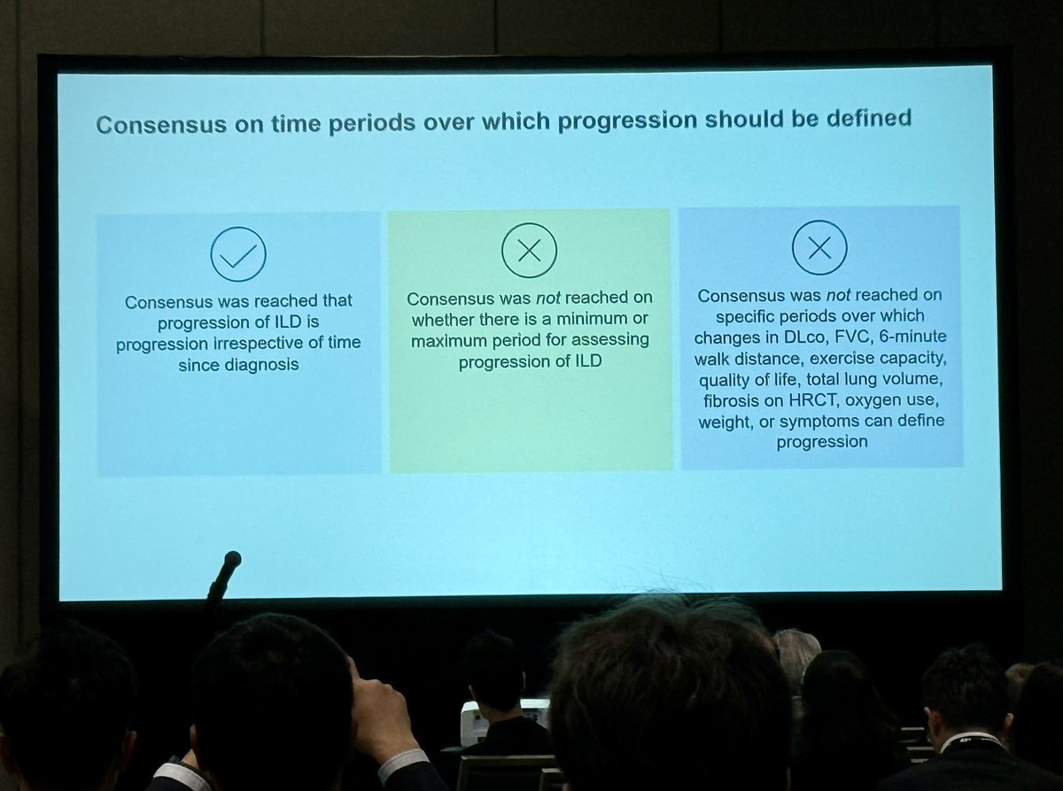 Prof. Athol Wells presents elegant data from a recent multinational Delphi consensus that:

• Progression of ILD is progression irrespective of time since diagnosis

•“despite usual management” should be included in PPF definition

Important for future PPF guidelines.
 #ATS2024