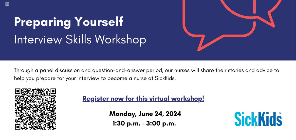 Applying to be a #nurse at SickKids? Join our interview skills workshop on June 24 at 1:30 p.m. to build your capacity and confidence for your interview. Register bit.ly/3V8iQHY #SKNursing #SKCareers