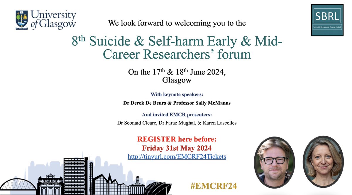 📢There is still time to register for the 8th Suicide & Self-harm Early & Mid-Career Researchers' Forum, 17-18 June 2024, Glasgow. Closing date for registration: 31st May 2024 ⏺️ All welcome ⏺️ 🔗suicideresearch.info/8th-suicide-se…