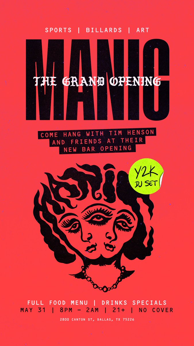 DALLAS! I recently opened up a bar with some friends right across the street from The Factory in Deep Ellum, so please come
hang out with me and @y2k2y and help us celebrate 🎉 

Manic Deep Ellum