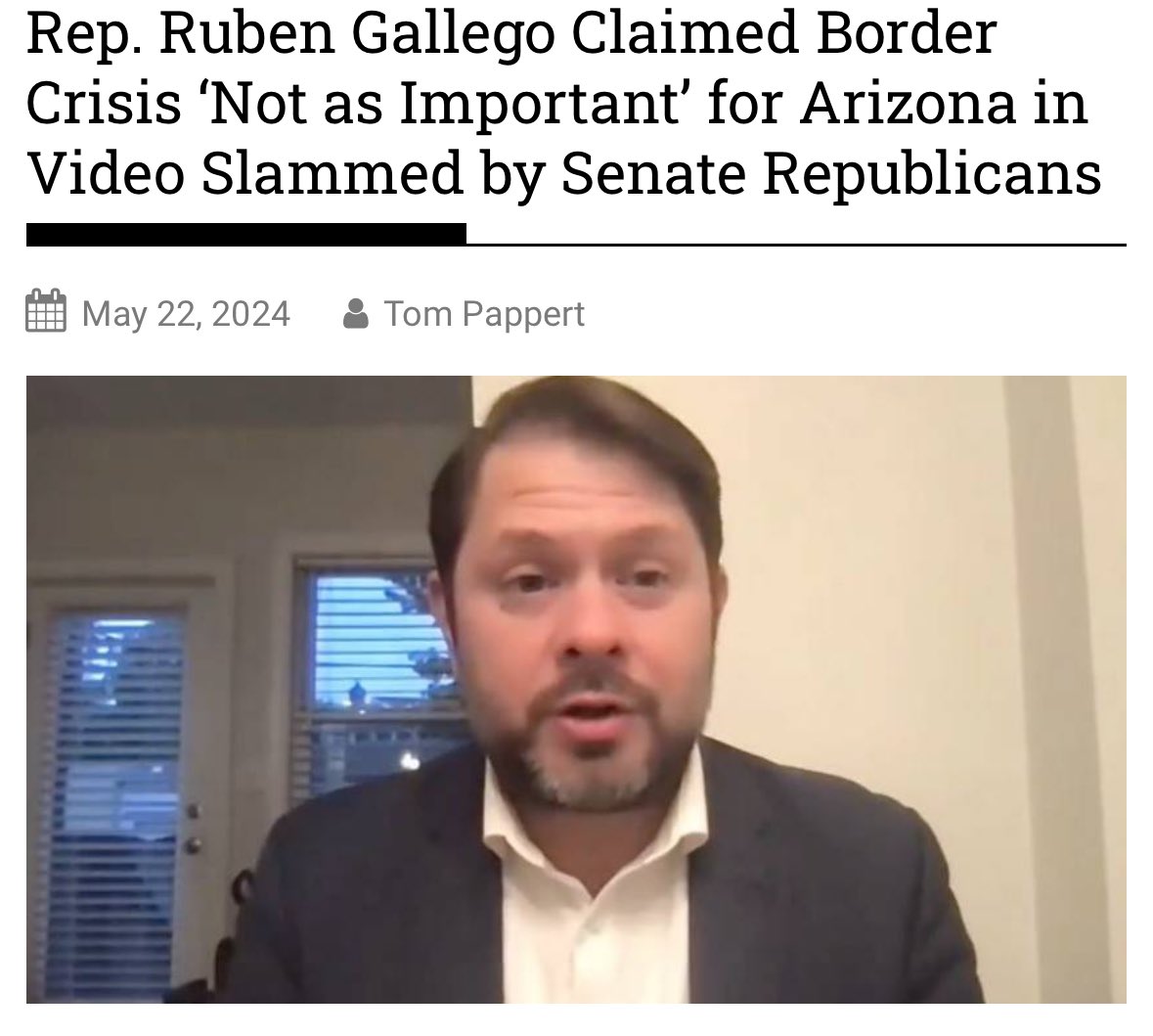 .@RubenGallego claims that the border crisis is 'not as important' in Arizona. It defies polling & logic, but Ruben votes in defiance of both. That’s why he votes with @JoeBiden 100% of the time. Its why he has consistently mocked, obstructed, & threatened anyone who tried to