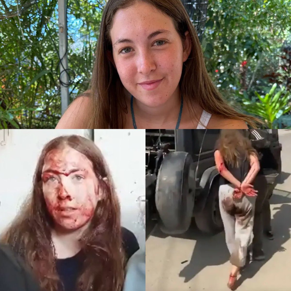 This is 19 year old Naama Levy before and after she was kidnapped on October 7th. They bound her hands behind her back. They cut her shins so she couldn’t run. They beat her face so severely she was drenched in her own blood. They brutalized her body.