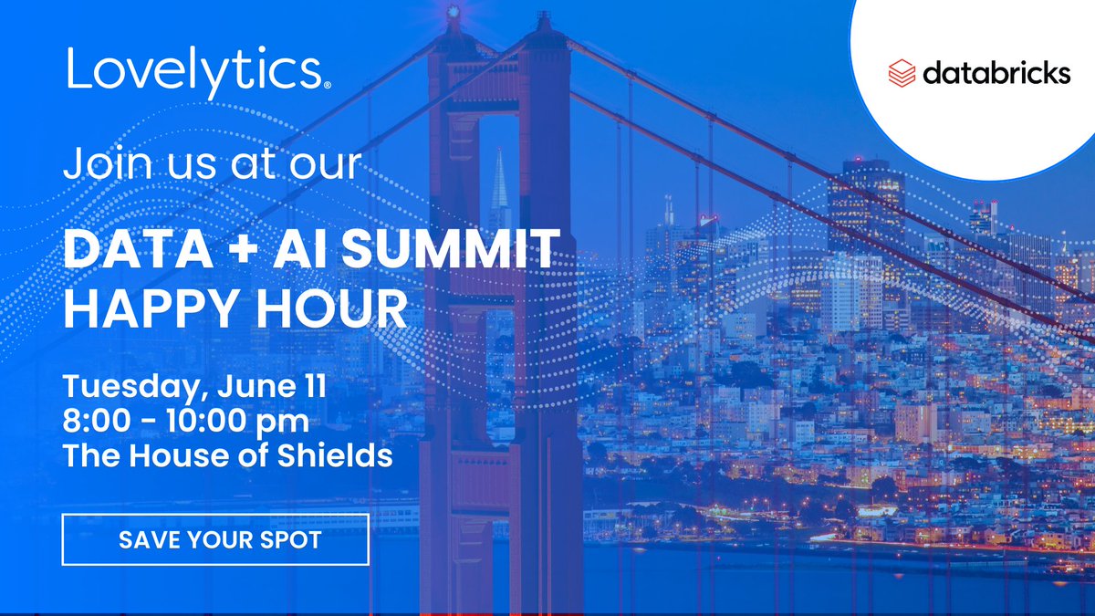 Lovelytics (@lovelyticsdata) on Twitter photo Are you attending <a href="/databricks/">Databricks</a> #DataAISummit? If so, join us for Happy Hour on Tuesday, June 11, at 8:00 pm at the House of Shields, one of the city's oldest bars.
Reserve your spot today! get.lovelytics.com/databricks-dat… Are you attending <a href="/databricks/">Databricks</a> #DataAISummit? If so, join us for Happy Hour on Tuesday, June 11, at 8:00 pm at the House of Shields, one of the city's oldest bars.
Reserve your spot today! get.lovelytics.com/databricks-dat…