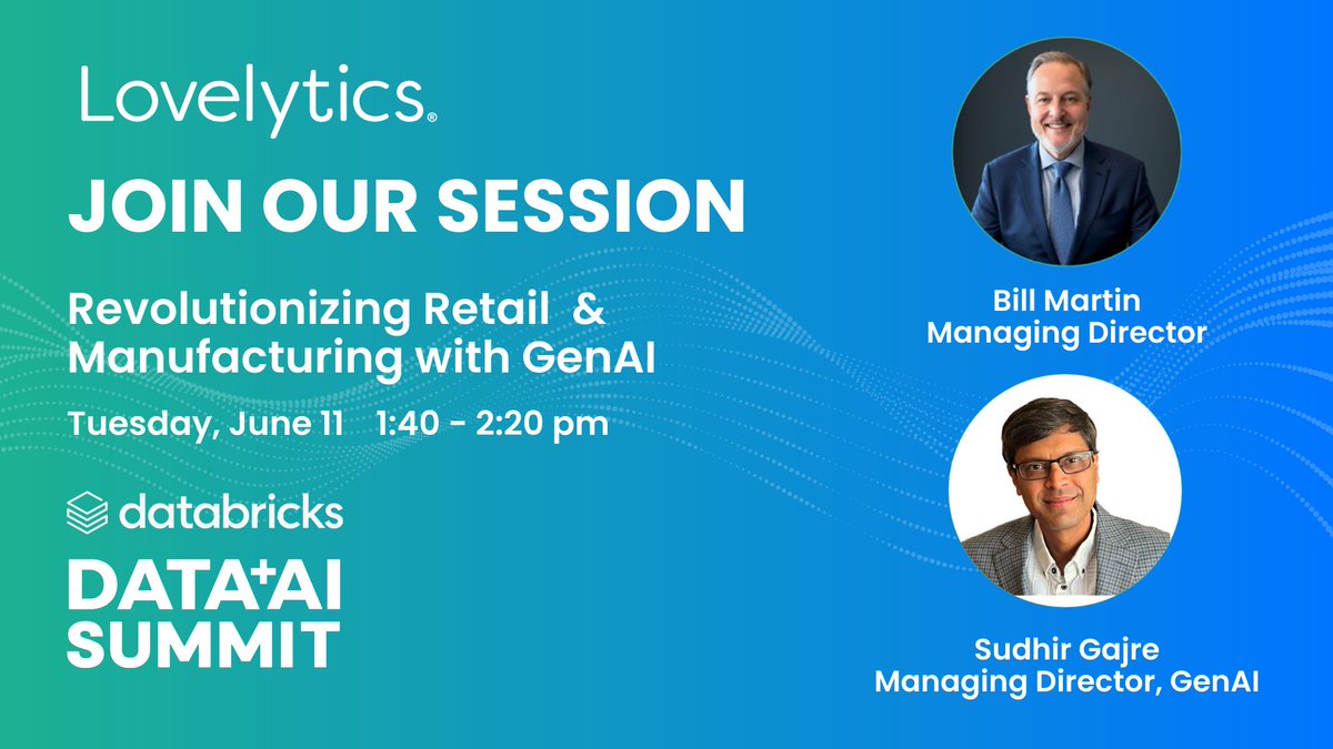 Lovelytics (@lovelyticsdata) on Twitter photo Attending <a href="/databricks/">Databricks</a> #DataAISummit? Don't miss our session: Revolutionizing Retail and Manufacturing with #GenAI.
We'll take a deep dive into AI-driven transformations & share the transformative journeys of Fortune 500 companies.
get.lovelytics.com/databricks-dat… Attending <a href="/databricks/">Databricks</a> #DataAISummit? Don't miss our session: Revolutionizing Retail and Manufacturing with #GenAI.
We'll take a deep dive into AI-driven transformations & share the transformative journeys of Fortune 500 companies.
get.lovelytics.com/databricks-dat…