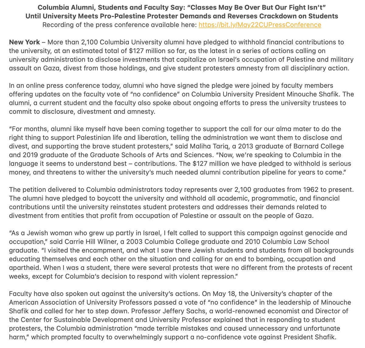 prem_thakker's tweet photo. Columbia University coalition says 2100+ alumni have now pledged to withhold financial contributions until the school meets demands related to disclosure, divestment, and student discipline.
Group claims $127 million of donations at risk. https://t.co/vTkCMVKkVs