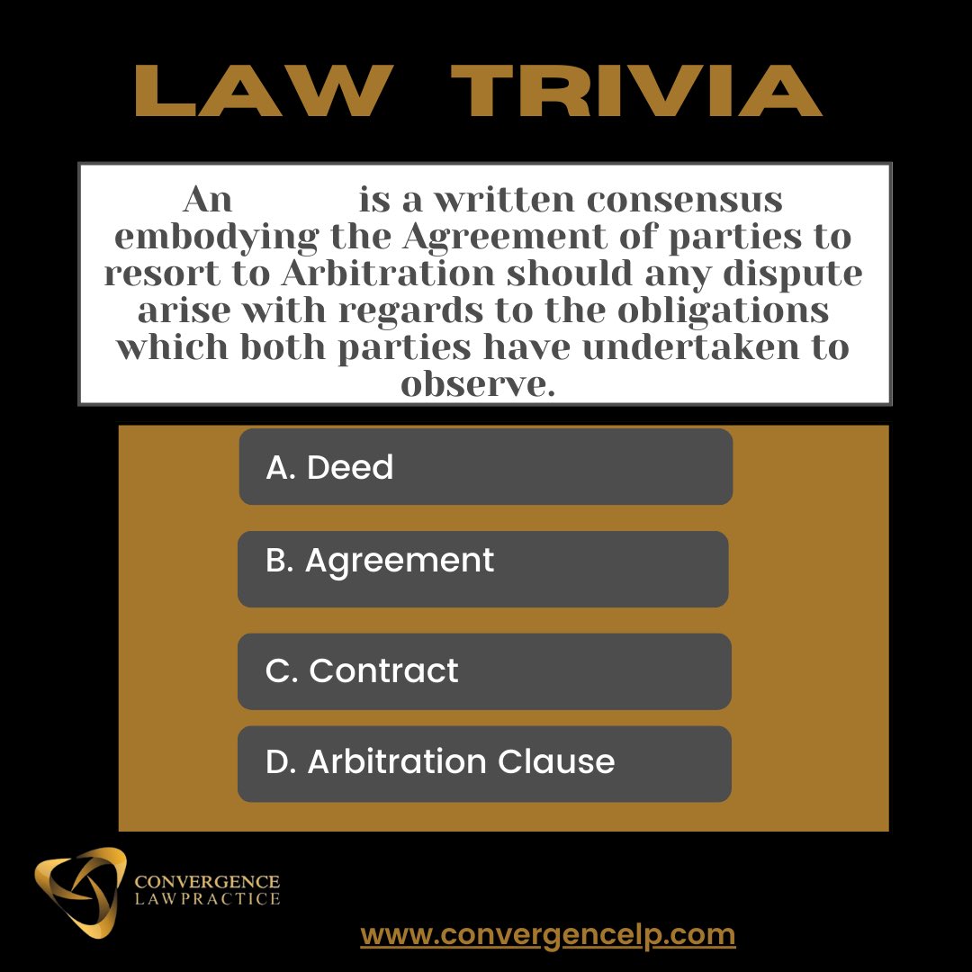 Convergence_LP's tweet image. Law Trivia!
Drop answer in comment section
#convergencelawpractice
#wednesday #arbitration #contract 

Read more by clicking the link;

lnkd.in/dHMiTyju

@Alpha_Yom @kaycee4c