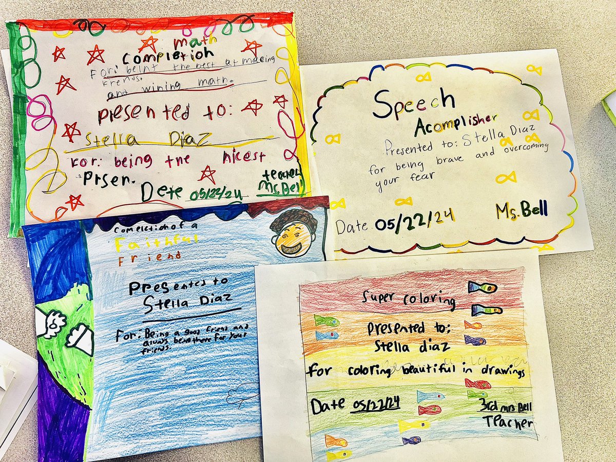 KRede_BNES's tweet photo. Our Awards Ceremony was a proud moment today! It also happened to be the day we’d read the last chapter of “Stella Diaz Has Something to Say” by @andominguez. My students were challenged with the following question: if you could give Stella an award, what would it be for? https://t.co/1oYWOnEzH0