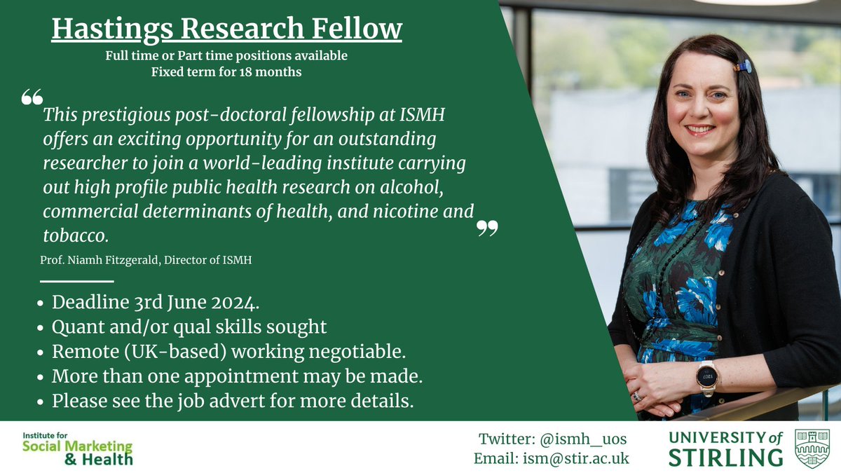 🚨JOB POSTING📢 Could you be the next @ismh_uos Hastings Fellow? Still time to apply to work with us on research into alcohol, vaping, and commercial determinants of health. 🌐 Advert: stir.ac.uk/9vs 🗓️ Deadline: 3rd June 2024 👇 Details below RTs appreciated.