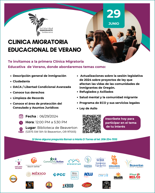 Atención comunidad🇲🇽: Tienes dudas sobre temas migratorios? Crees q podrías ser acreedor a un alivio migratorio? Asiste a la Clínica Migratoria Educacional de Verano! El equipo de #Protección de <a href="/ConsulMexPot/">ConsulMex Portland</a> estará presente p/brindarte apoyo y aclarar tus dudas No te lo pierdas!