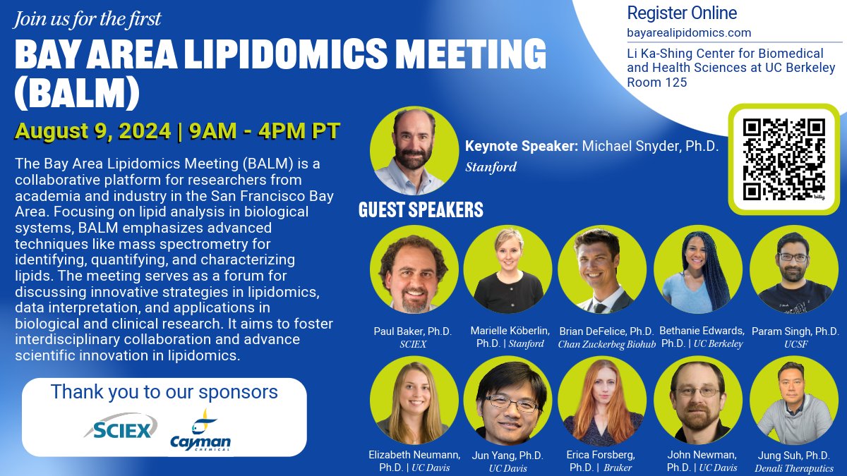 California Lipid Community: We will host the 1st Bay Area Lipidomics Meeting on August 9th at UC Berkeley! Registration is free: t.ly/8IoD3 Please join us for a day full of exciting lipidomics-focused science presented by a stellar speaker lineup! #BALM #lipidomics