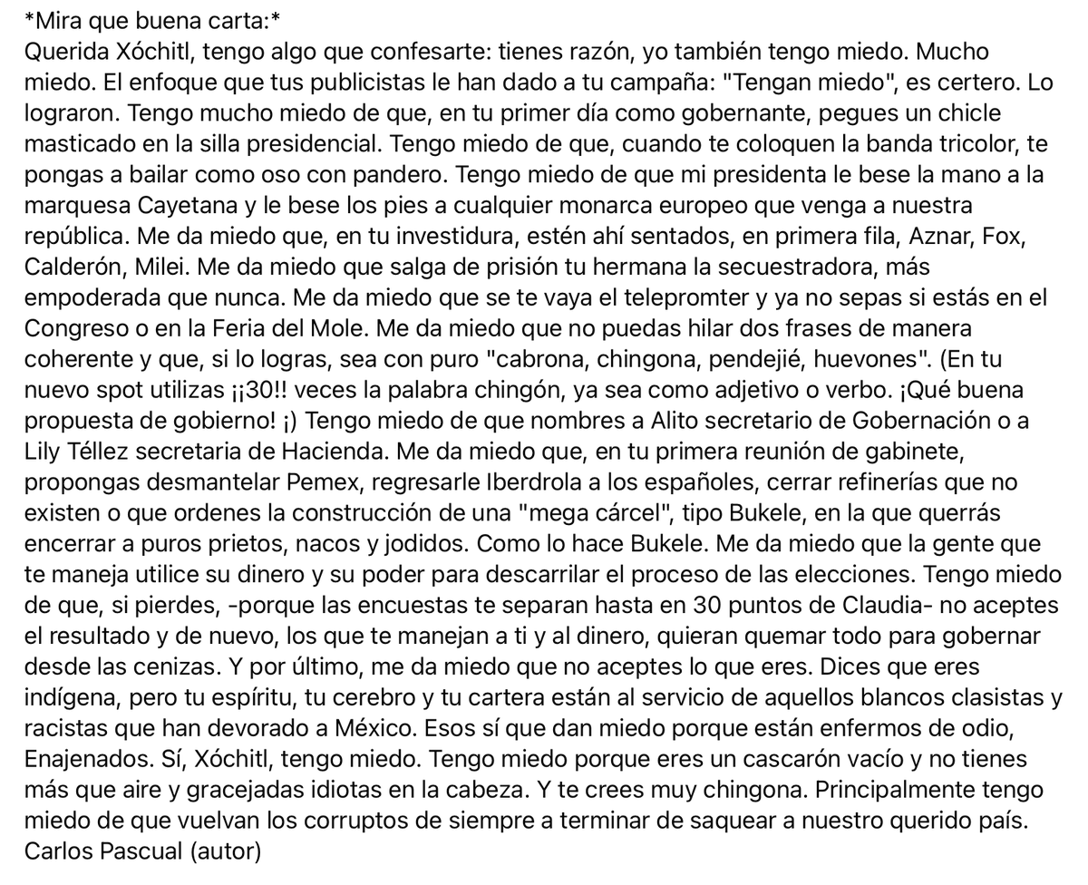 MONALI4T's tweet photo. Muy buena Carta para Xóchitl Gálvez circula en Facebook. Lectura recomendada para Alazraki, Jorge Castañeda Aguilar Camín Denise Dresser, Anabel Hernández, el fecal Felipe Calderón Sandra Cuevas Beatriz Paredes y Ofelia Medina (se deslindó) Plan C de AMLO #ClaudiaArrasará 😍🇲🇽 https://t.co/41wAzXtYGy