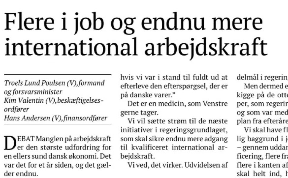 Vi skal sikre adgang til endnu mere kvalificeret international arbejdskraft og det vil øge vækst, velstand og velfærd. Skriver dette i @borsendk sammen med @troelslundp og @kimvalentinDK. #dkpol