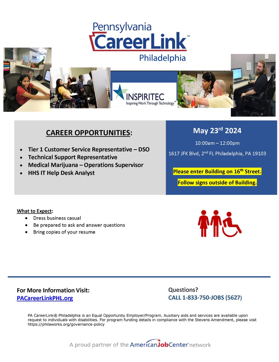 For those interested in starting or improving their career in the IT or Service Industry, we have a Job Fair tomorrow for InspiriTec for some amazing open positions. All individuals are encouraged to apply! Please bring your resume to 1617 JFK Blvd tomorrow from 10-12pm.