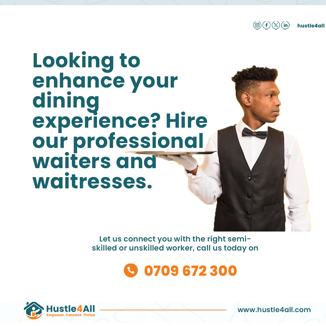 Hustle4All's tweet image. Opening a restaurant or hotel?
Hire waiters and waitresses from us.
Contact us on 0709672300 or visit website hustle4all.com
#restaurants #hotels #hustle4all #waiters #waitress