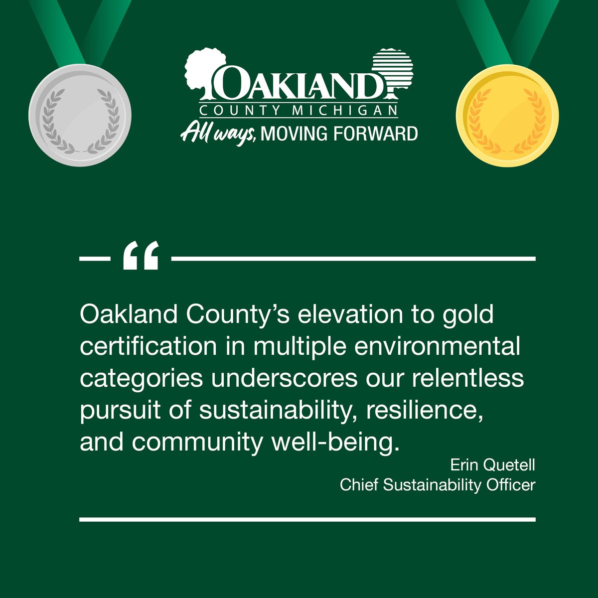 #OaklandCounty has risen from silver to gold certification from the @MichGreenComm program for its #EnvironmentalLeadership! ♻🏆 Learn more about the goals our sustainability team tackled to keep sustainability #AllWaysMovingForward: t.ly/8r-Fo.