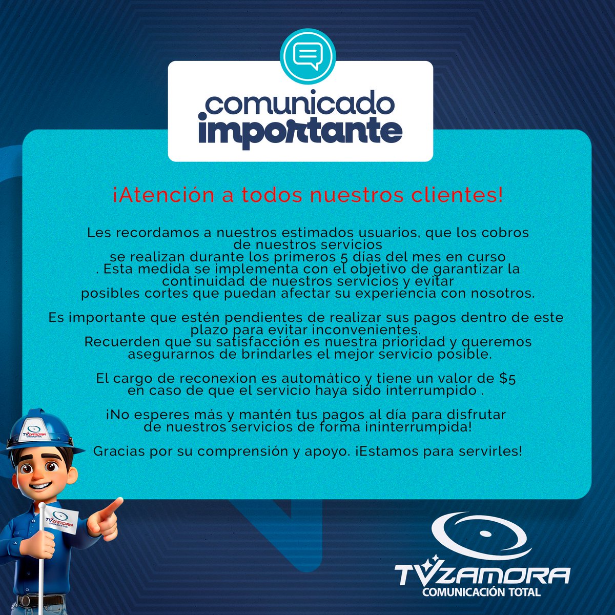 ¡No esperes más y mantén tus pagos al día para disfrutar de nuestros servicios de forma ininterrumpida!

Gracias por su comprensión y apoyo. ¡Estamos para servirles!