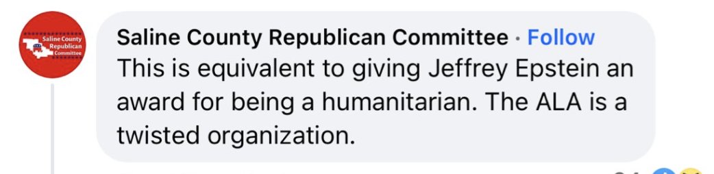 The hateful skidmarks at the Saline County Republican Party equated Patty Hector -- an award-winning librarian who was fired because county judge Matt Brumley is a pathetic joke -- with Jeffery Epstein.