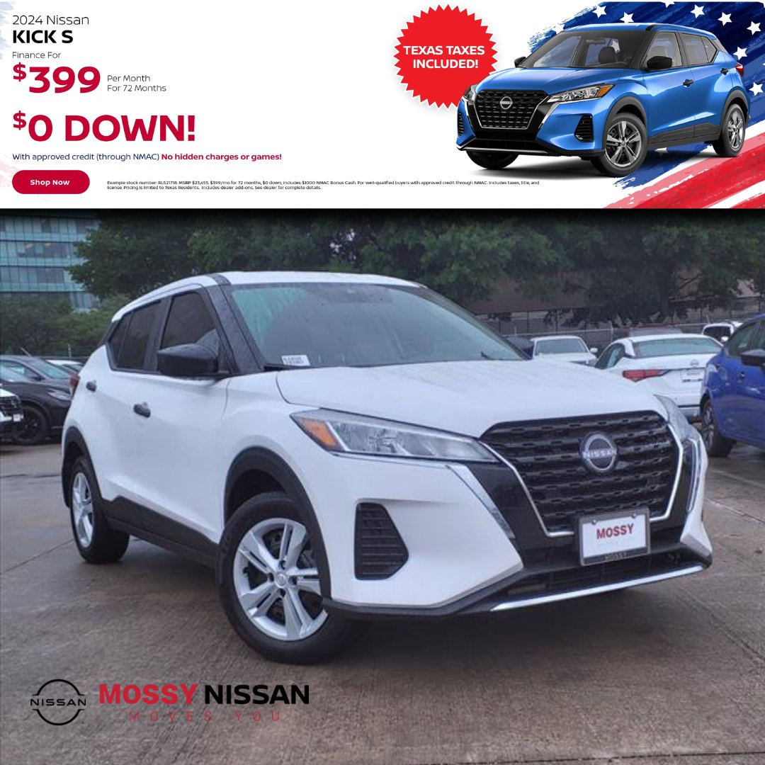 ☀️ ¡Empieza el verano con ahorros «memorables» en nuestra línea 2024 Nissan Kicks S en Mossy Nissan! #WednesdayWishlist
🔗 rpb.li/9stUWw..

#MossyNissan #NissanHouston #Nissan #NissanKicks #Spring #Katy #MissouriCity #Pearland #MemorialDaySales #MemorialDayWeekendSales