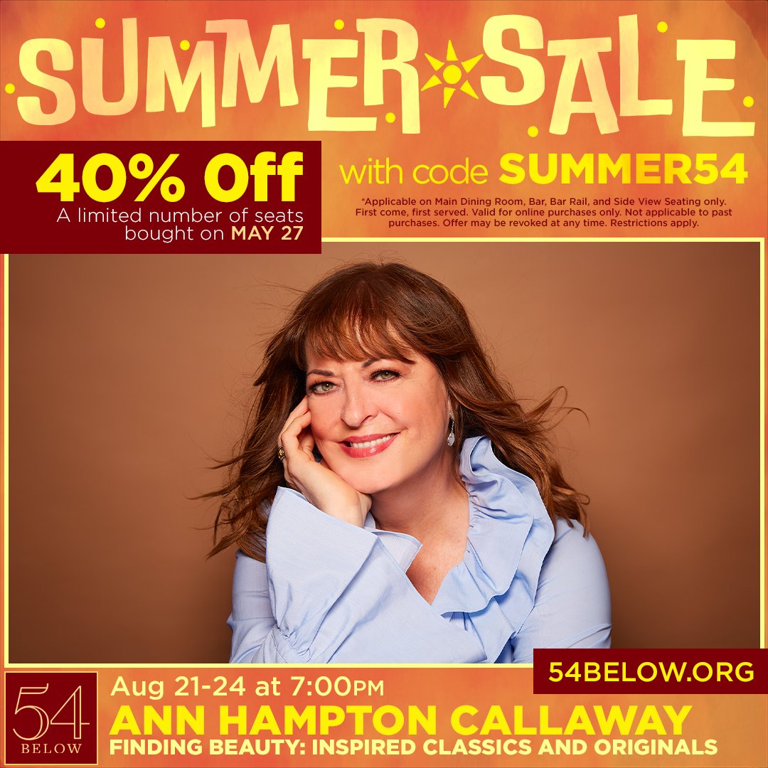 OMG! This Monday is your chance to get the fabulous 54 Below SUMMER SALE price of 40% off on my upcoming run of 'Finding Beauty: Inspired Classics and Originals' on August 22-24 at 7 PM!!! With me is Grammy-winning Billy Stritch leading my all-star trio as we take you through