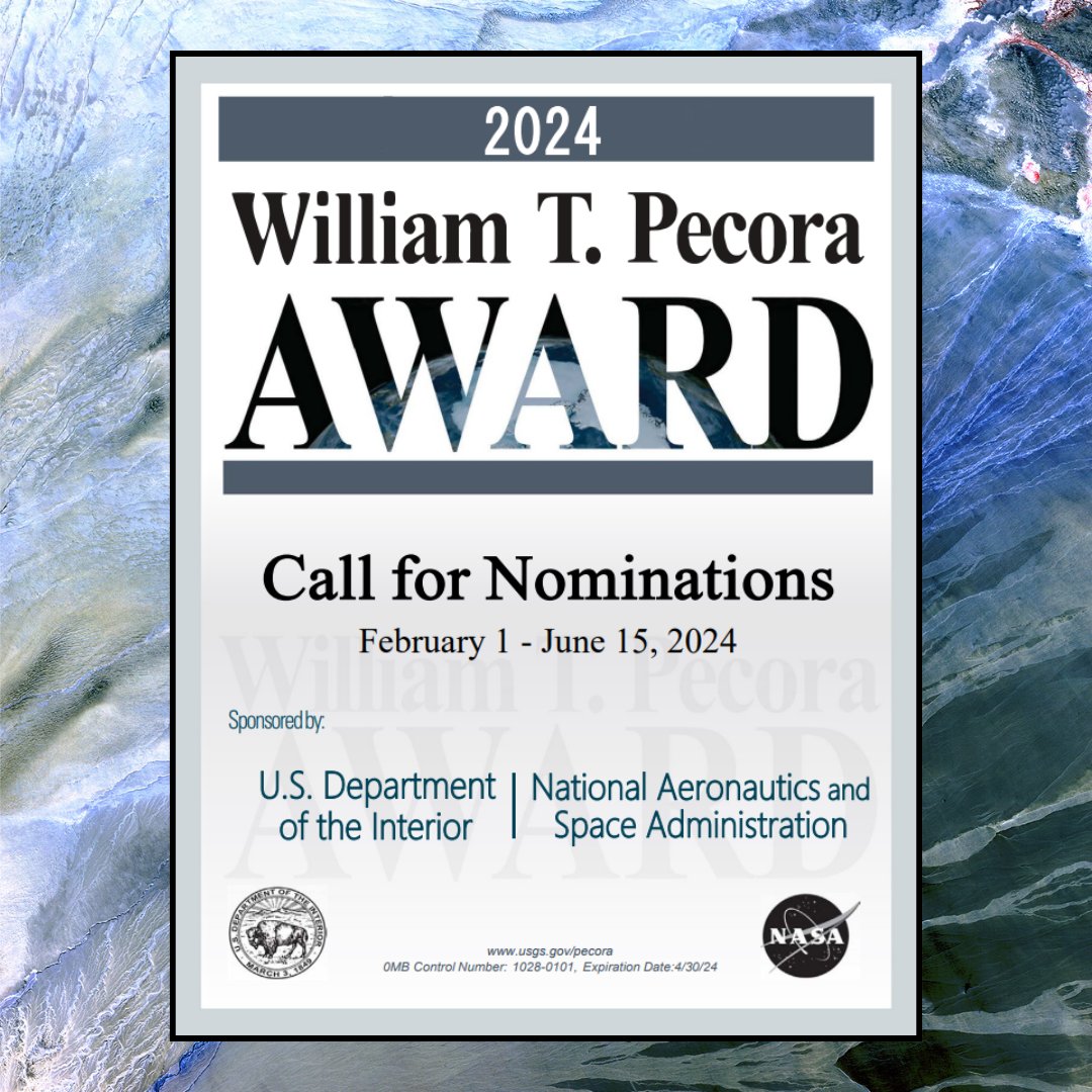 #PecoraAward nominations are due by June 15, 2024! Any individual or group who has made a significant contribution in #Satellite or #Aerial #RemoteSensing of the #Earth is eligible. Learn more here: ow.ly/hcOa50RPP3l