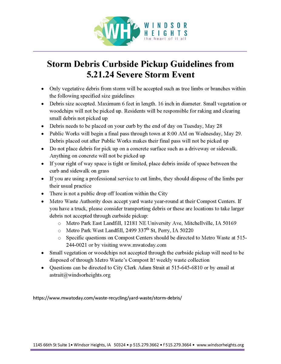Our Public Works team has begun storm debris pickup. Here are the full guidelines for debris pickup. Contact City Clerk Adam Strait at 515-645-6810 with any questions. Guidelines can also be viewed at windsorheights.org/CivicAlerts.as…