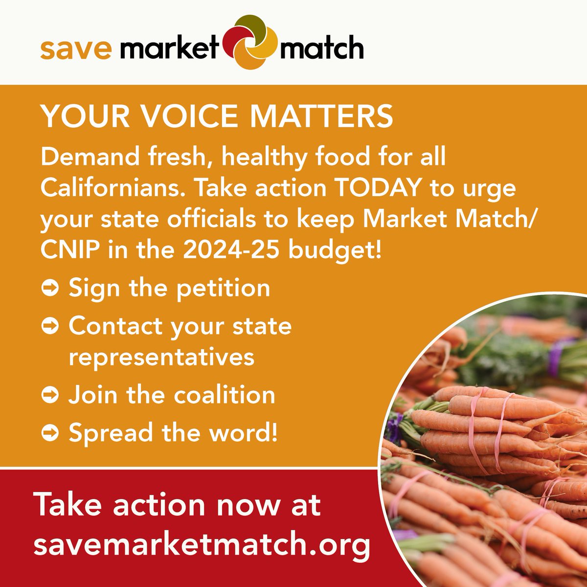 Urgent Action Alert: Protect food access for all! 🥕 California’s proposed budget cuts threaten to end #MarketMatch and #CNIP, a critical lifeline for food-insecure families and California farmers. Take action TODAY at savemarketmatch.org.
 #FundCNIP