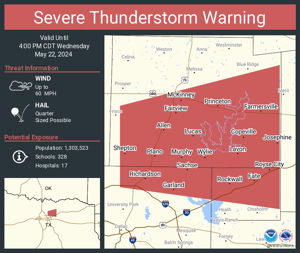 Severe Thunderstorm Warning including Plano TX, Garland TX and  McKinney TX until 4:00 PM CDT