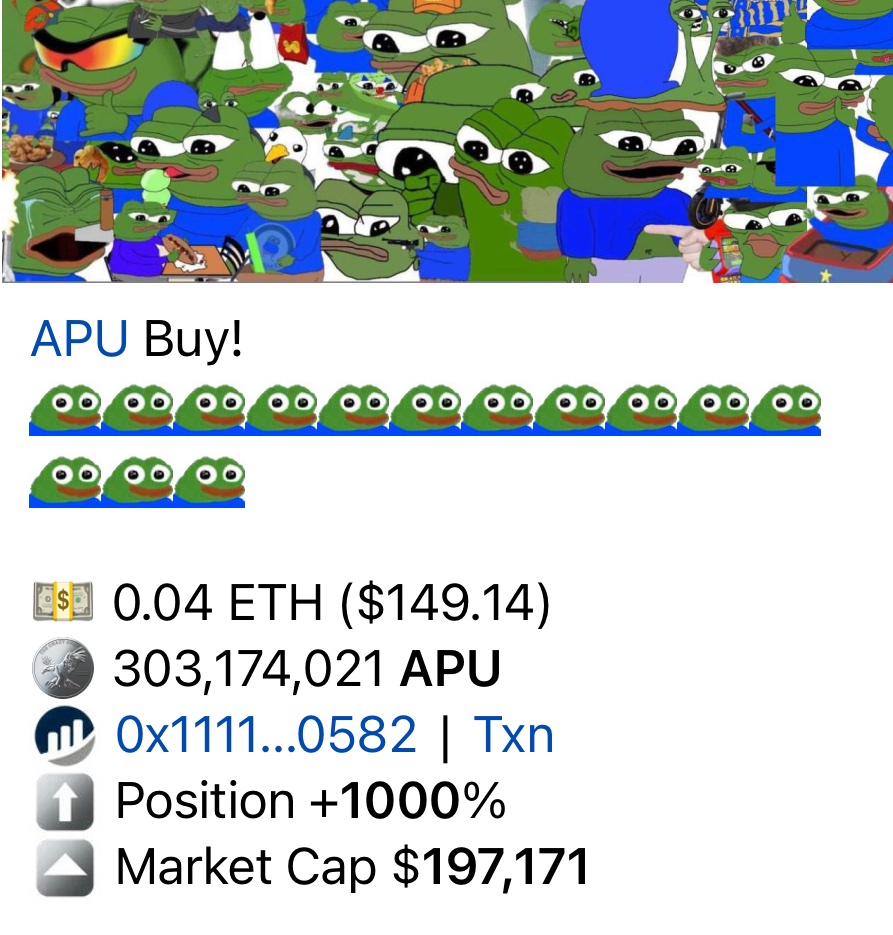 apu_og's tweet photo. Another buy! #bullwedge in full effect- $APU OG the $200k #microcap with the potential to go 💰1000X💰
“Be greedy when others are fearful”
~ #WarrenBuffett ~
✨No Regrets✨
#apuog #crypto #cryptotrading #ta #notegrets $sol $pepe $eth $doge $bonk
Show more https://t.co/9ZLSZBEhWO