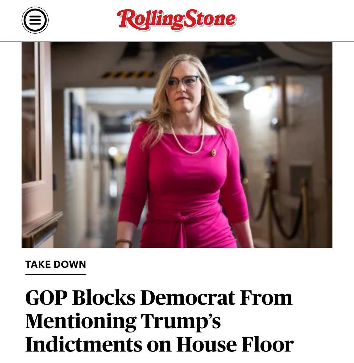 “Republicans just banned me from speaking on the House Floor for the rest of the day because I listed Trump’s trials. I didn’t say he was guilty, I just stated the fact that they exist — and for that I was silenced.” Story: rollingstone.com/politics/polit…