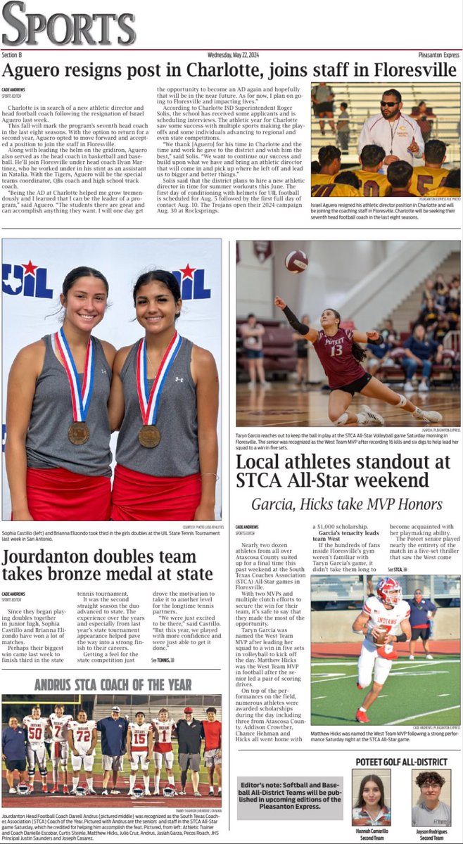 PE1909's tweet image. Sports section this week features State Tennis medalists, All-Star game recaps, All-District golfers, award winners and more!

Pick up your copy for just $1 at any of the 65 retail outlets including Walmart, H-E-B, Lowes, Stripes and more #YourStories #AlwaysLocal